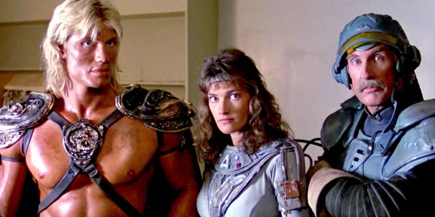 He-Man, Teela & Man-at-Arms look at something off-camera in Masters of the Universe