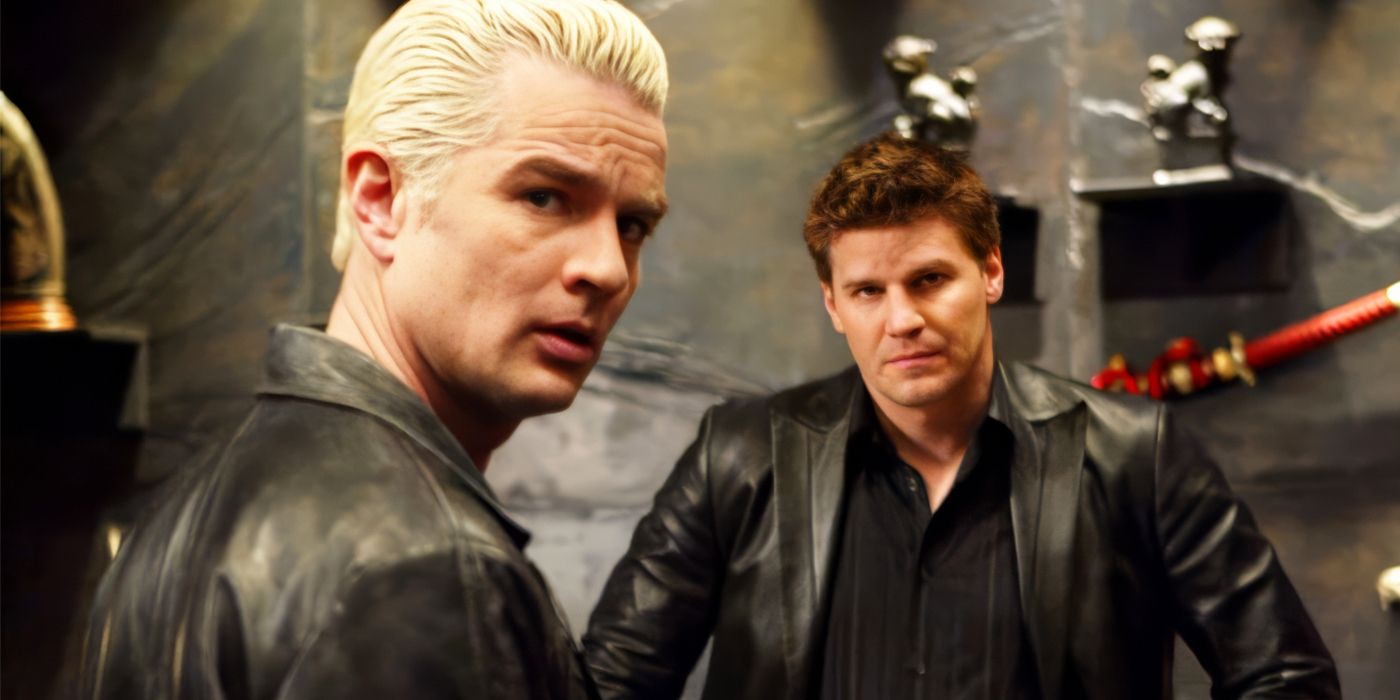 James Marsters and David Boreanaz as Spike and Angel looking off-screen in Buffy the Vampire Slayer.