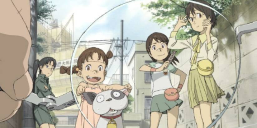 A group of kids and a dog looking at a bubble in Dennou Coil