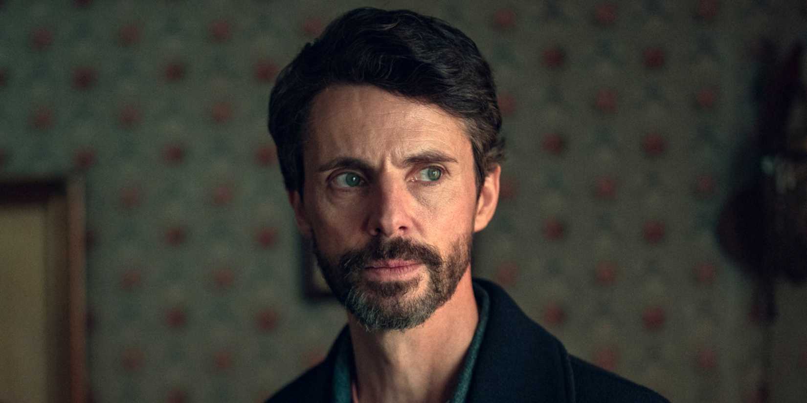 Matthew Goode as DCI Carl Morck looking serious with a mustache and beard in Dept. Q