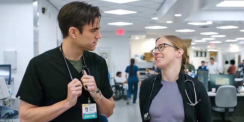 Patrick Ball as Dr. Frank Langdon and Taylor Dearden as Dr. Mel King talking to each other in The Pitt.