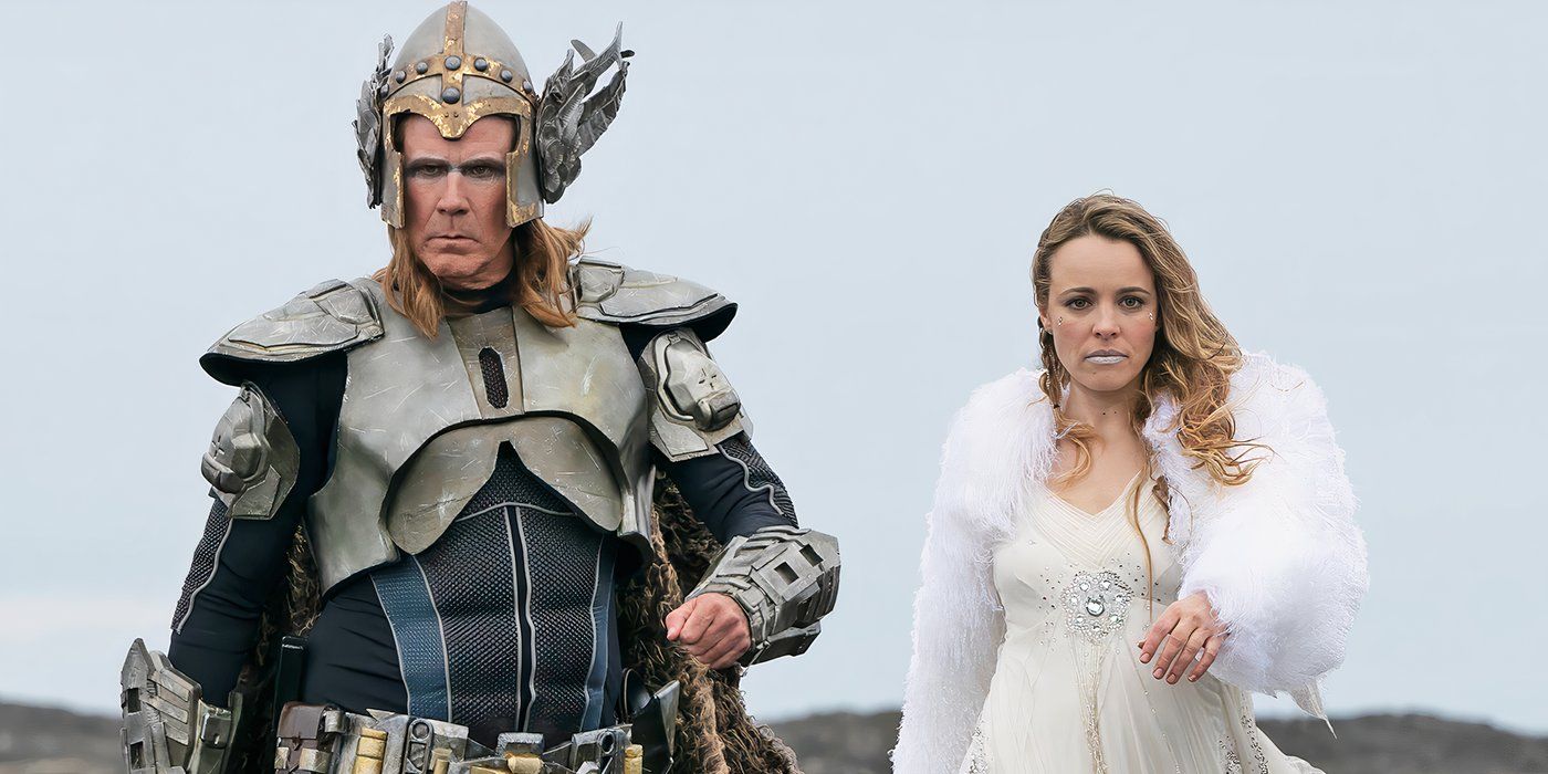 Will Ferrell dressed in a Viking-inspired costume alongside Rachel McAdams in Eurovision Song Contest: The Story of Fire Saga
