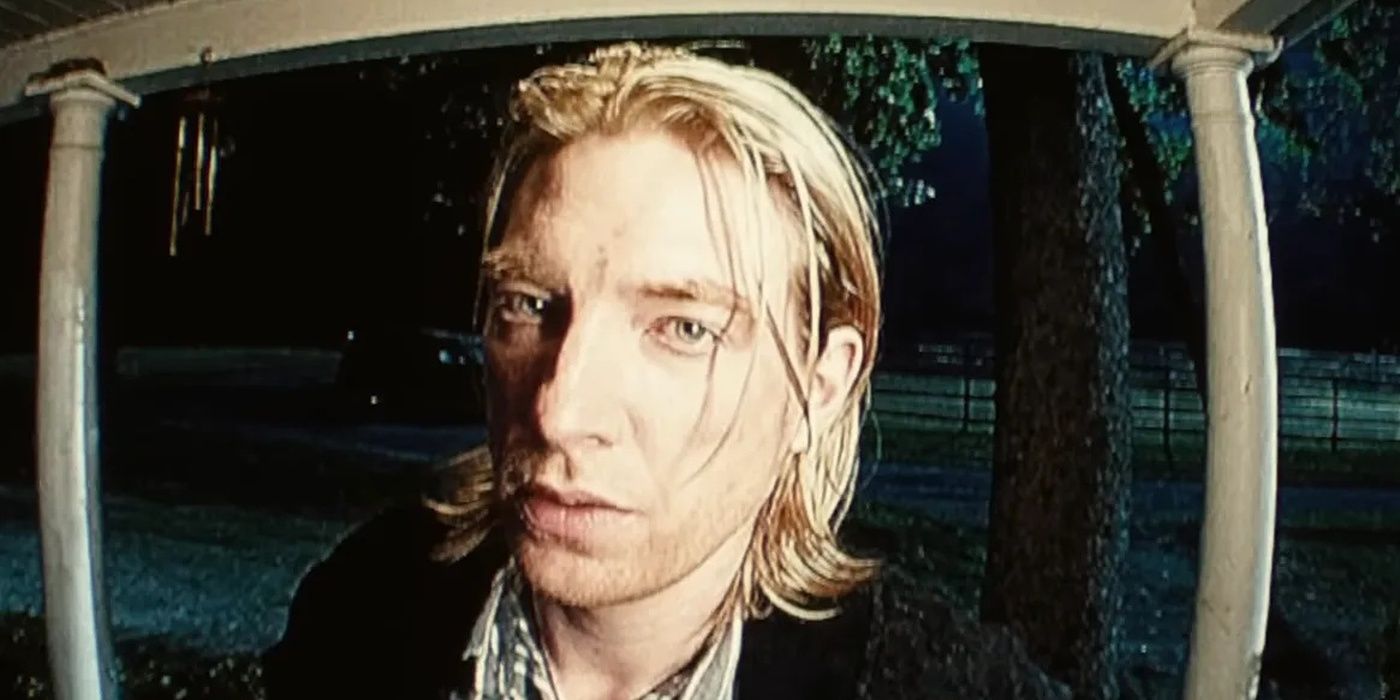 Domhnall Gleeson lurks as the evil Jackie in the Ring doorbell cam in 'Echo Valley'