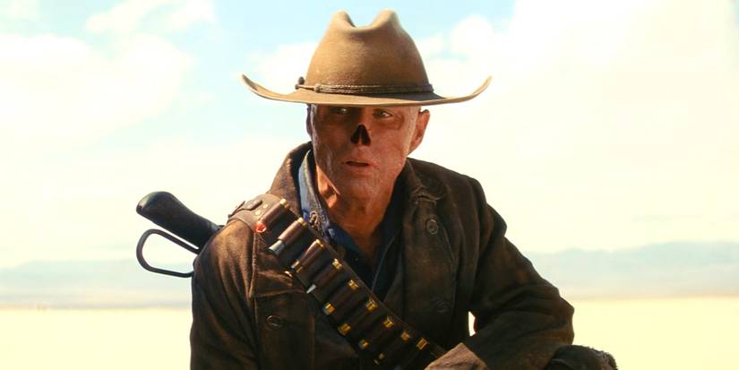 Walton Goggins as The Ghoul with red skin and no nose, wearing a cowboy hat in Fallout.