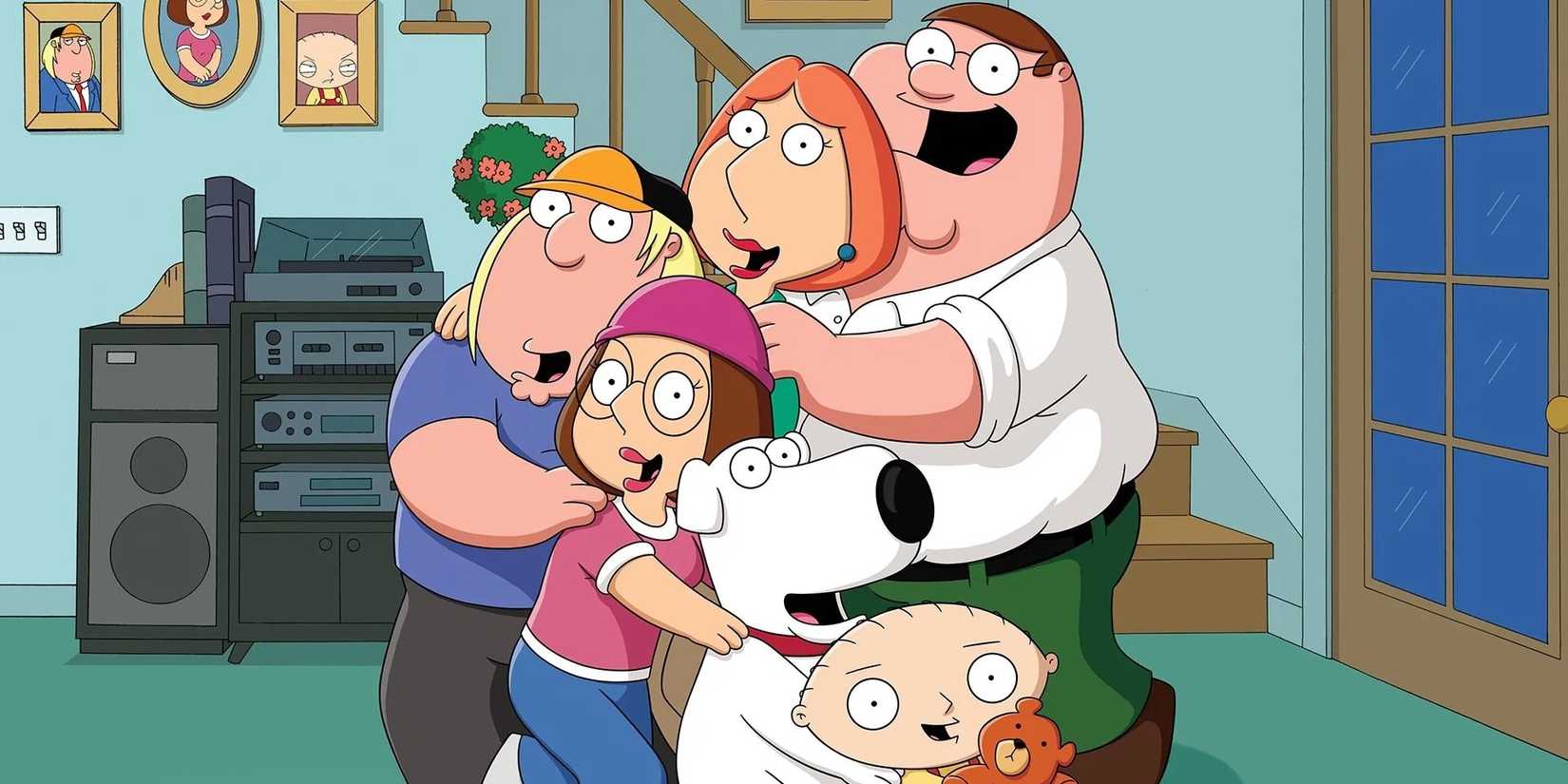 The entire cast of characters posing together inside a house and smiling on Family Guy.