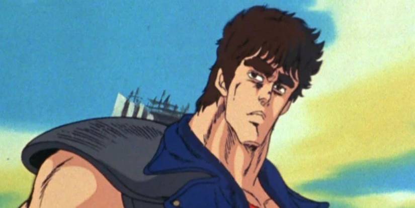 Kenshiro dari Fist of the North Star tampak serius di samping sambil di luar ruangan dengan langit biru.