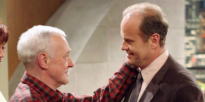 Martin Crane (John Mahoney) and Frasier Crane (Kelsey Grammer) have an emotional moment together on 'Frasier'