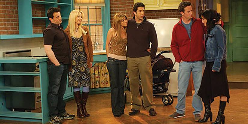 The friends together in the empty apartment in the finale of Friends.