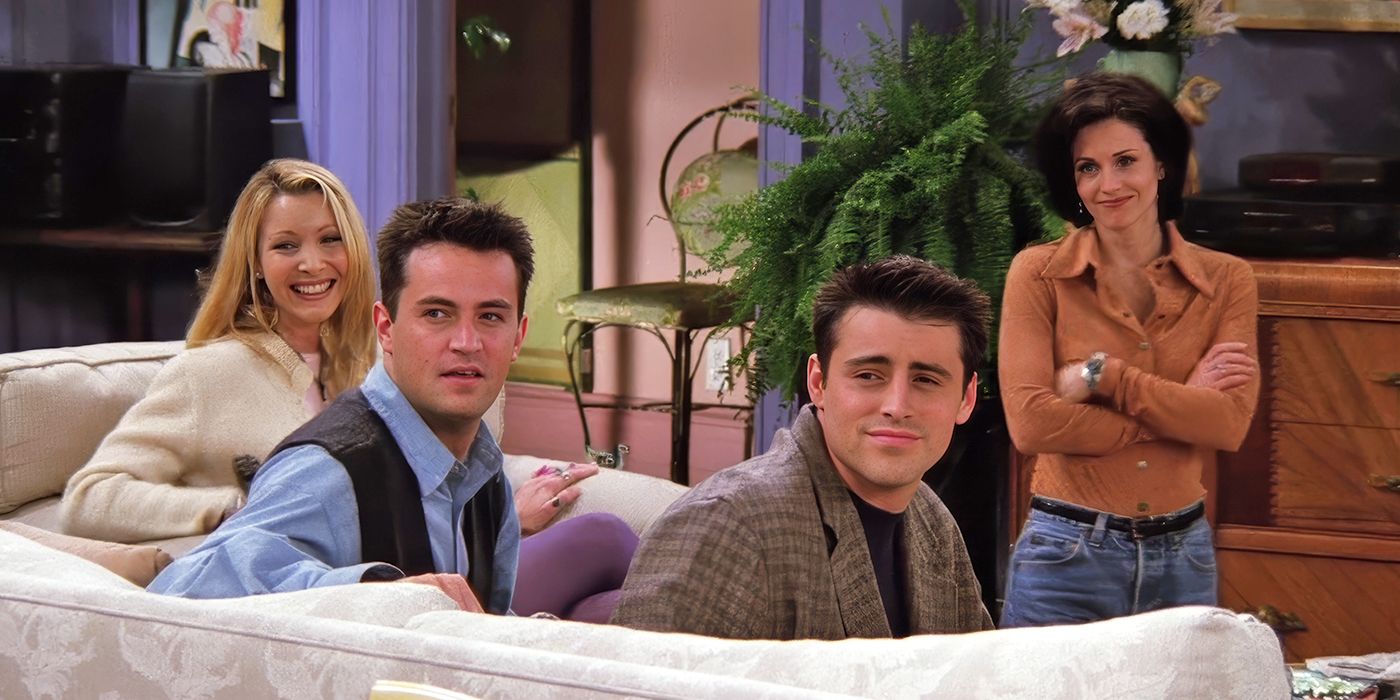 Lisa Kudrow, Matthew Perry, Matt LeBlanc and Courteney Cox as Phoebe, Chandler, Joey, and Monica in Friends