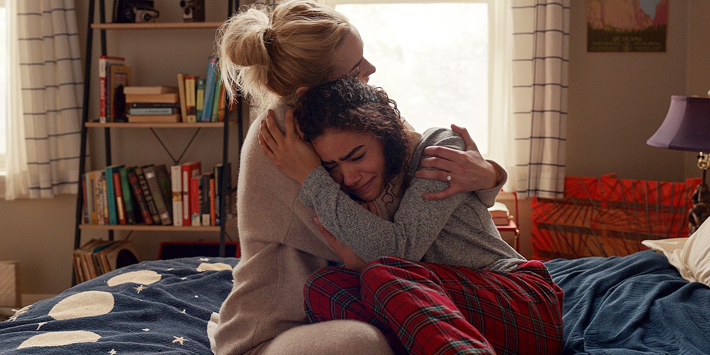 Brianne Howey's Georgia consoling Antonia Gentry's Ginny in Season 2 of Ginny & Georgia.
