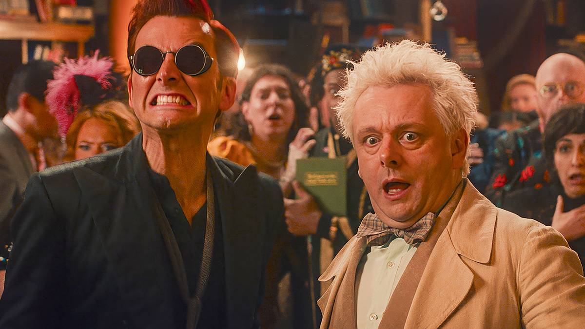 Good Omens's Michael Sheen and David Tennant staring forward in shock.