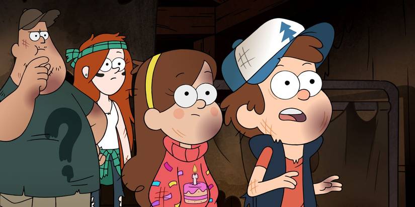 Pemeran Gravity Falls di sebuah gua selama final Weirdmageddon.
