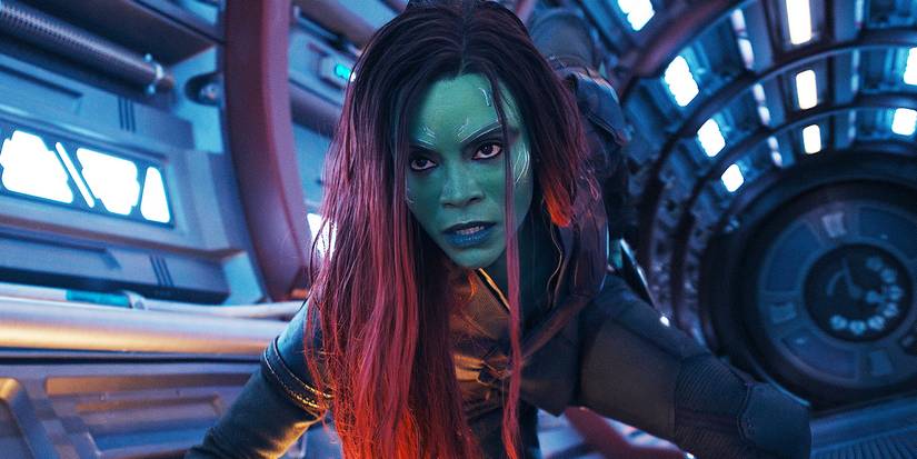 Gamora getting up off the ground in Guardians of the Galaxy Vol. 3.