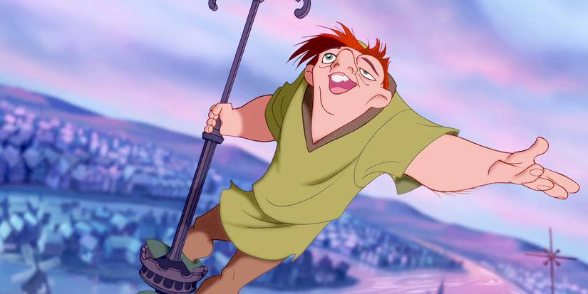 Quasimodo singing while holding on to a  pole in The Hunchback Of Notre Dame