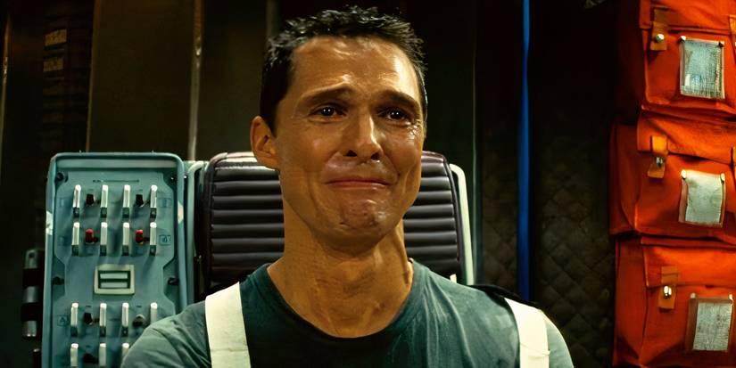 Matthew McConaughey as Cooper crying in a spacecraft in Interstellar