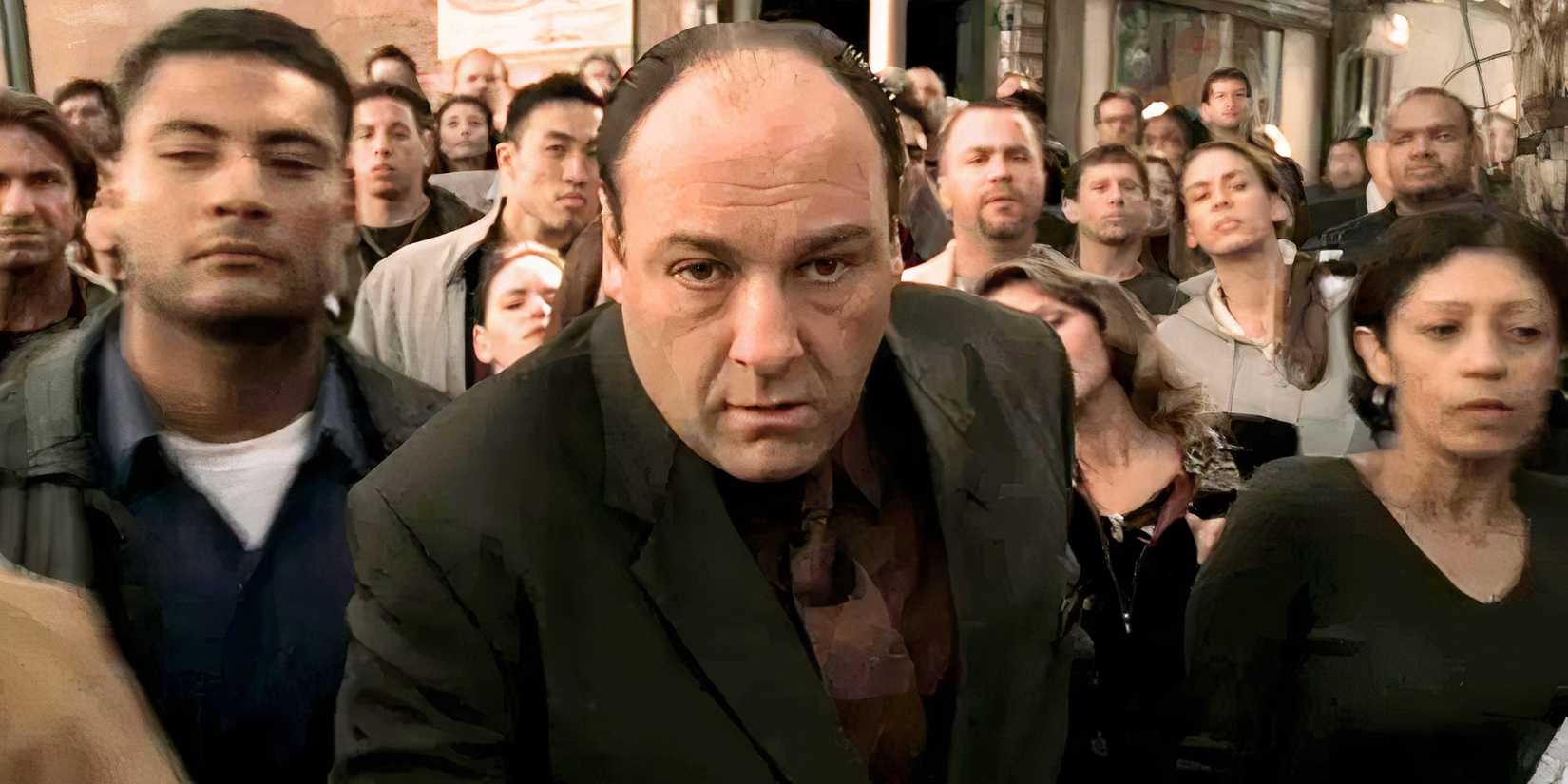 James Gandolfini as Tony Soprano standing in a crowd of people in The Sopranos episode The Test Dream.