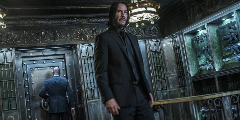 John Wick (Keanu Reeves) seen inside the Continental's Armory in John Wick: Chapter 2