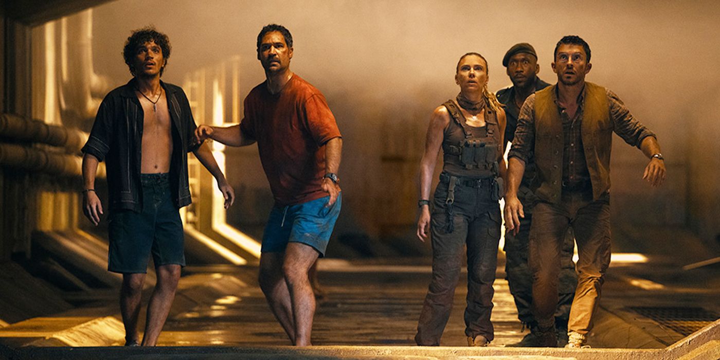 The covert team and stranded family in a tunnel in Jurassic World Rebirth