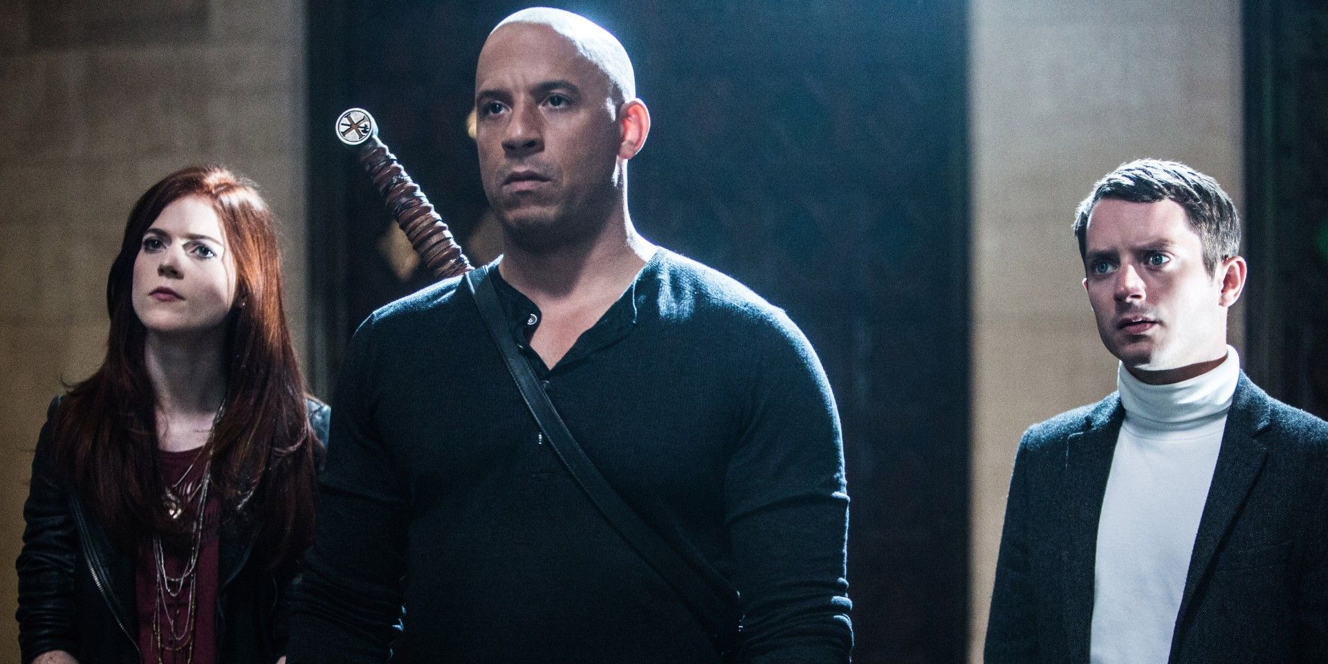 Rose Leslie, Vin Diesel & Elijah Wood stand together looking at someone off-screen in The Last Witch Hunter
