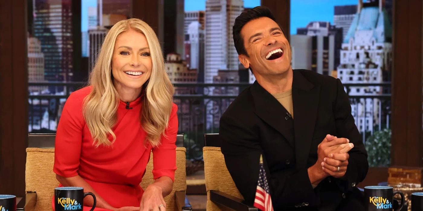 Kelly Ripa smiles as Mark Consuelos laughs during 'LIVE with Kelly and Mark.'