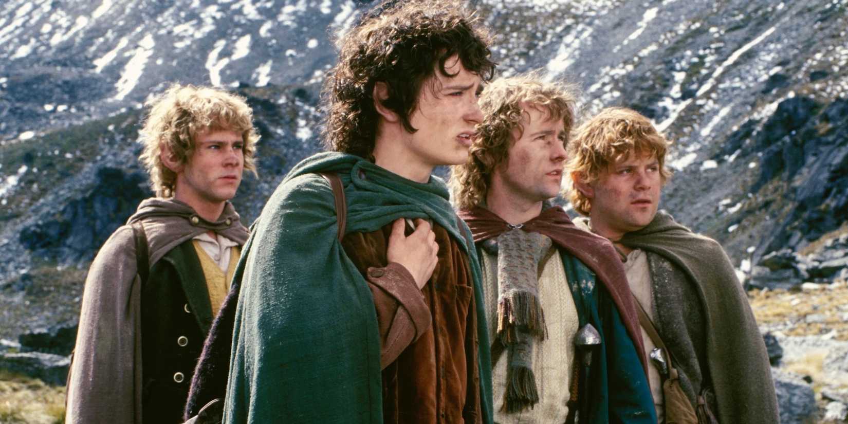 Frodo, Sam, Pippin and Merry, played by actors Elijah Wood, Sean Astin, Billy Boyd and Dominic Monaghan stand in a row, looking intently at something in Lord of the Rings: The Fellowship of the Ring.