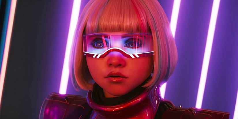 Amie Donald as Megan wearing futuristic glasses in M3GAN-2.0