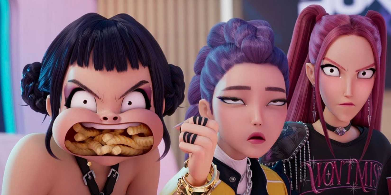 Characters from KPop Demon Hunters, by Sony Pictures Animation 2025, make faces and look at the camera.  