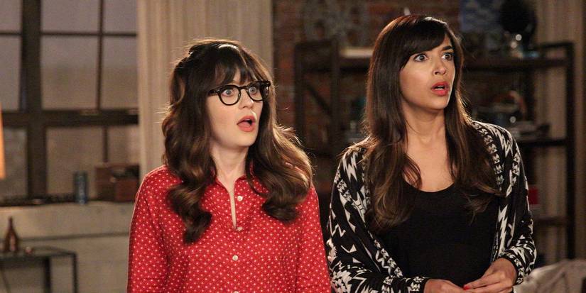 Hannah Simone's Cece and Zooey Deschanel's Jess looking shocked in New Girl's "A Chill Day In"