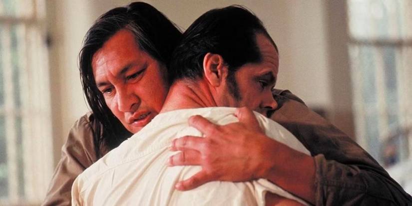 Will Sampson as Chief Bromden embraces Jack Nicholson as Randle in One Flew Over the Cuckoo's Nest. 