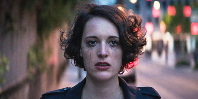 Close up of Phoebe Waller-Bridge as Fleabag's tear-streaked face in Fleabag.