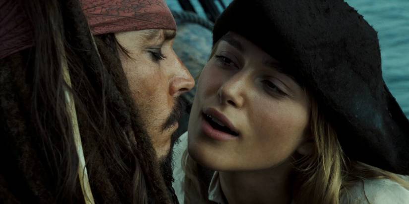 Elizabeth (Keira Knightley) flirts with Jack Sparrow (Johnny Depp) in 'Pirates of the Caribbean: Dead Man's Chest'