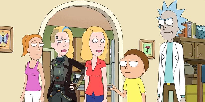 Rick, Morty, Summer, Beth, and Space Beth all surround each other in the family living room in a scene from 'Rick and Morty.'