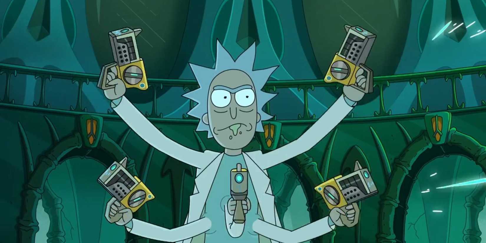 Rick holds up five guns with three additional arms in Rick and Morty episode Never Ricking Morty.