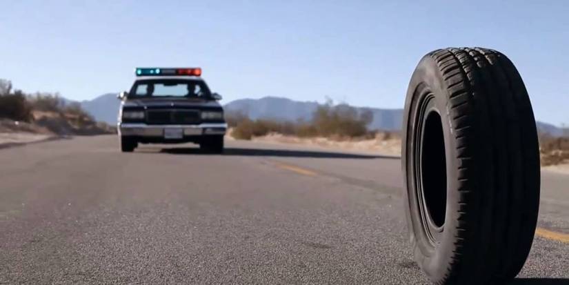 A tire faces off with a police car in Rubber.