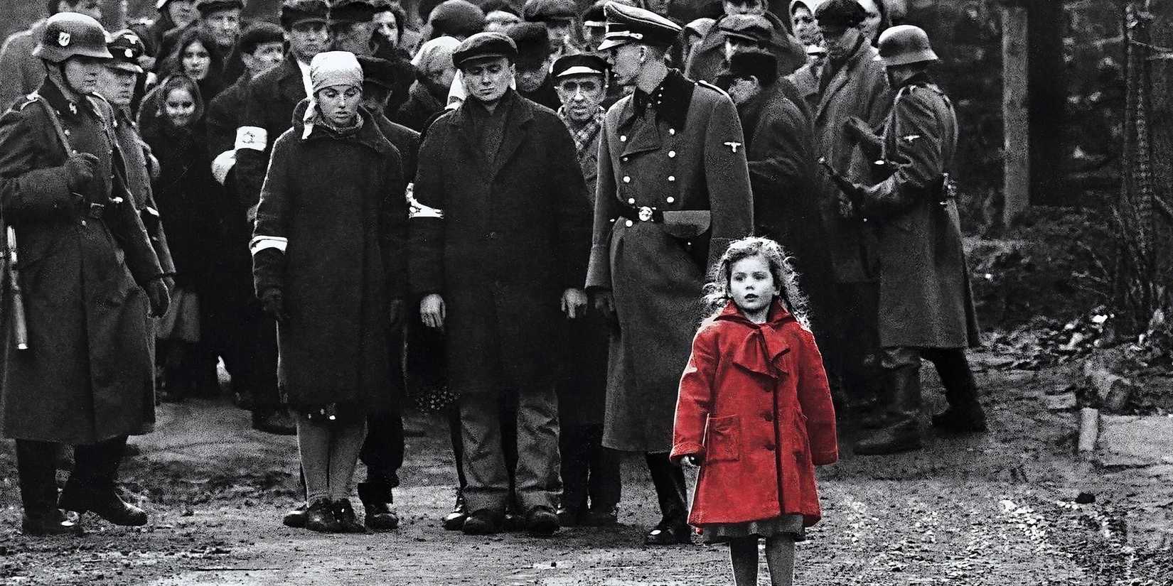 The girl with the red coat among a crowd in Schindler's List