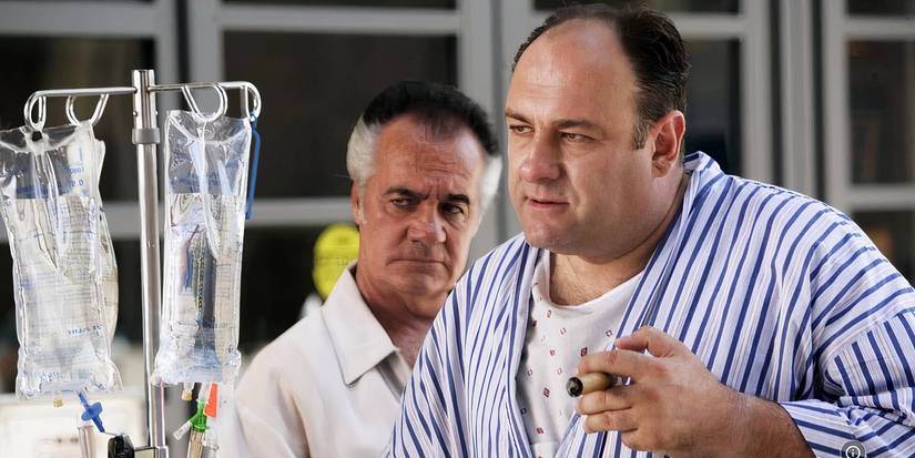 Tony Soprano in a hospital gown with a cigar in hand with Paulie Gualtieri behind him in The Sopranos.