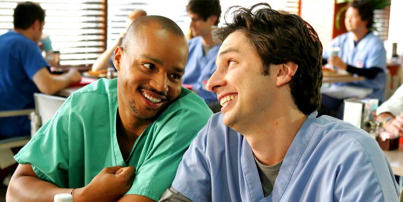 Donald Faison's Turk and Zach Braff's JD look into one anothers eyes lovingly in an image from Scrubs.