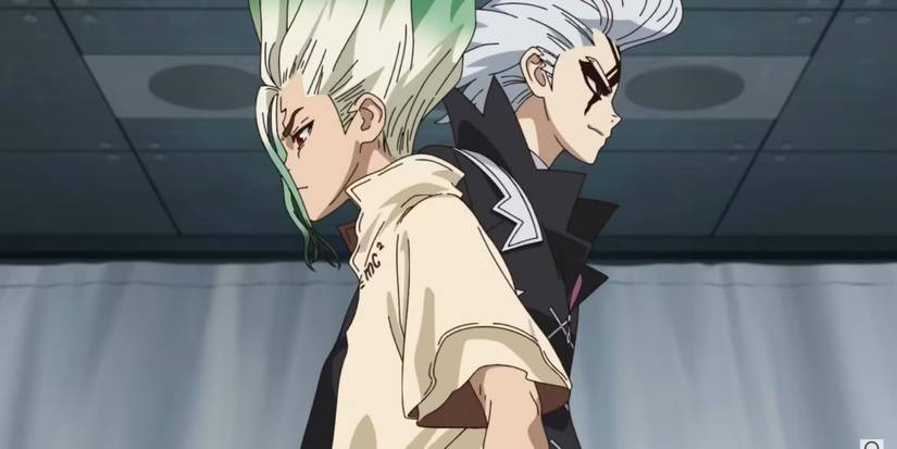 Senku and Xeno walking past each other in Dr. Stone