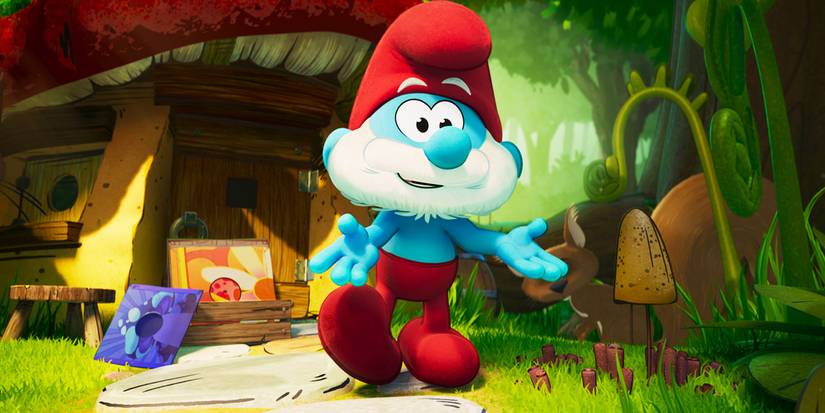 Papa Smurf smiling and walking with his arms extended 