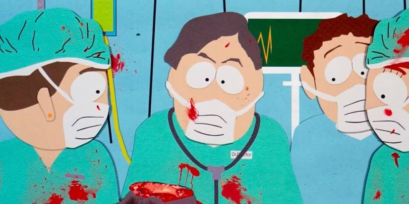 Dr. Gouache, voiced by George Clooney, operates with blood splatters in South Park Bigger Longer & Uncut.