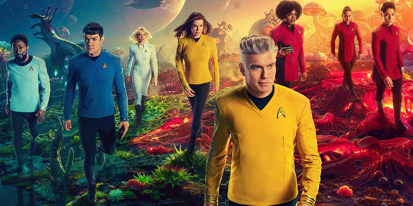 The key art for Star Trek: Strange New Worlds, Season 3 with the cast on alien planets.