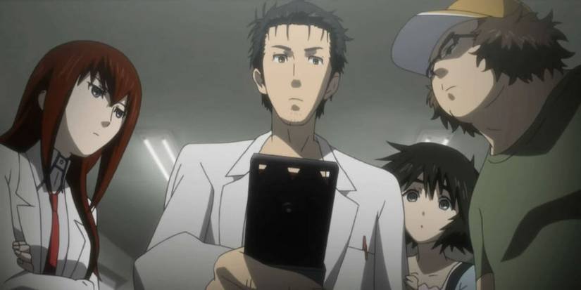 Cast of Steins;Gate looking at a phone