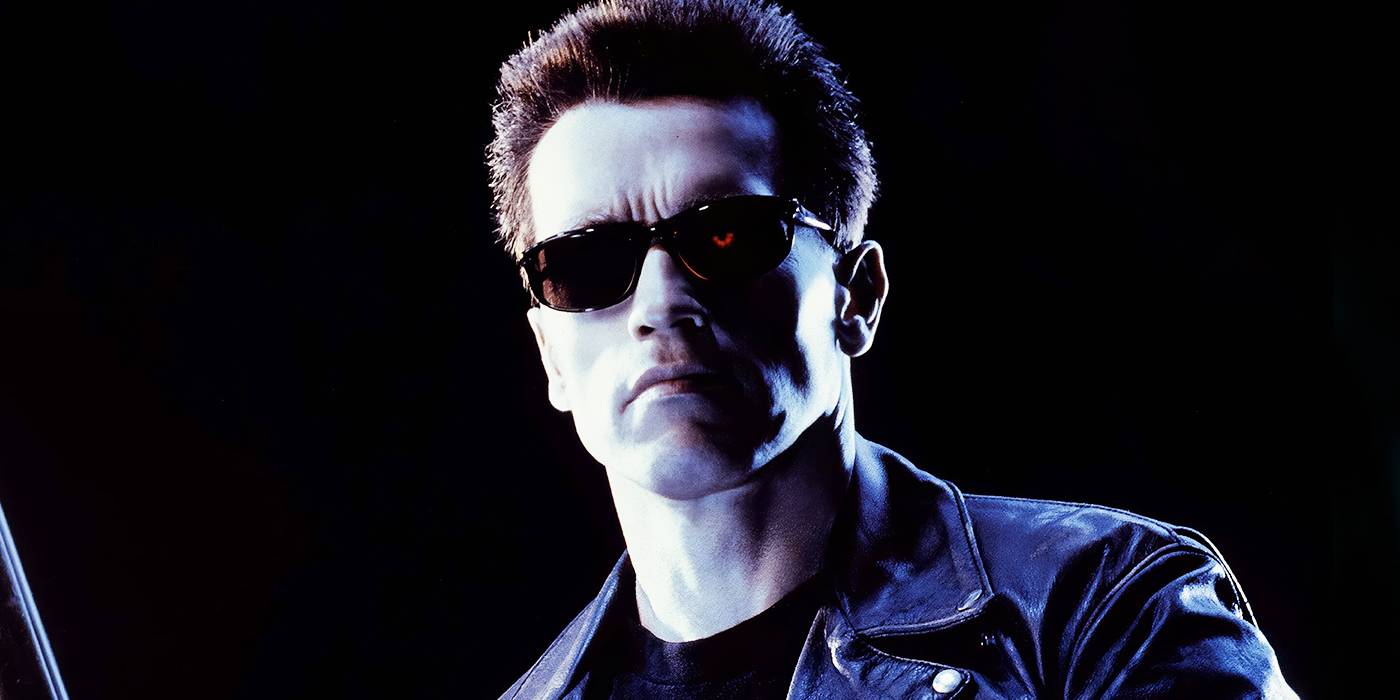 Arnold Schwarzenegger as the T-800 in a leather jacket and sunglasses in Terminator 2: Judgment Day.