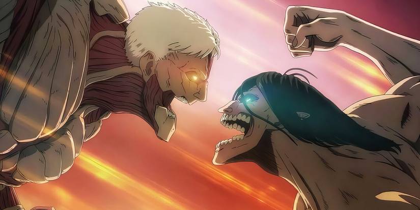 Two titans fighting in Attack on Titan