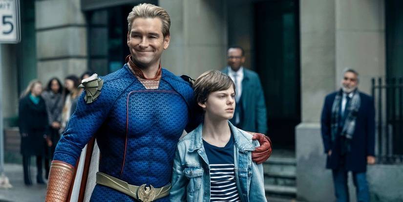 Homelander with his arm around Ryan after a publicity stunt gone very very wrong