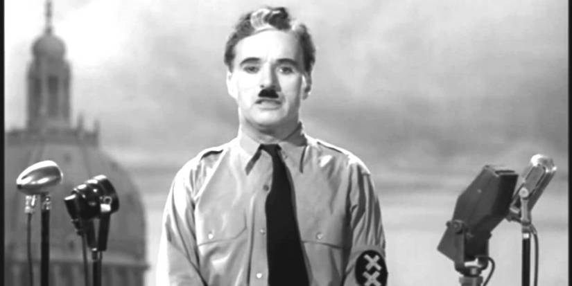 Charlie Chaplin in a Nazi uniform in The Great Dictator