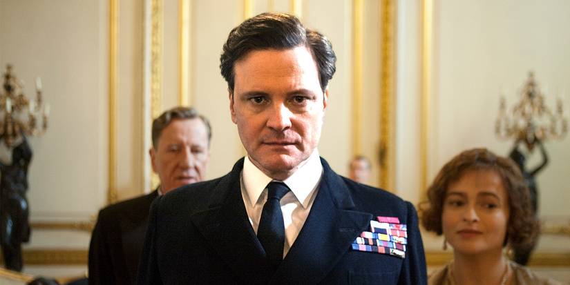 Colin Firth with Geoffrey Rush and Helena Bonham Carter behind him in The Kings Speech