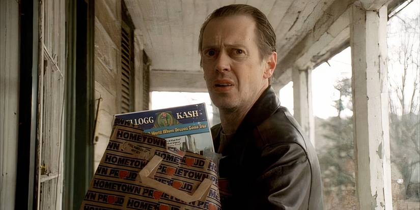 Steve Buscemi as Tony Blundetto with a bag of groceries outside a farmhouse in The Sopranos' All Due Respect