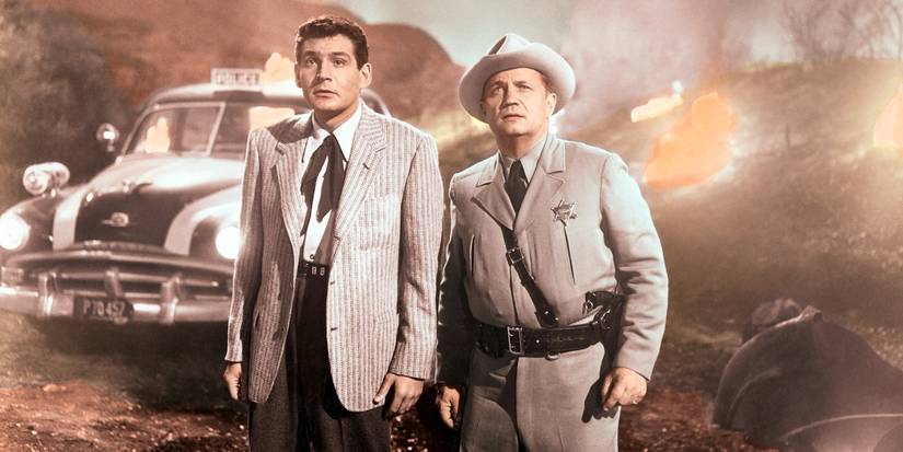 Gene Barry as Dr. Clayton Forrester and Walter Sande as Sheriff Bogany in 1953 The War of the Worlds