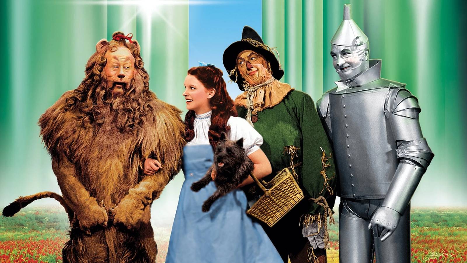 The Cowardly Lion, Dorothy, the Scarecrow, and the Tin Man in The Wizard of Oz
